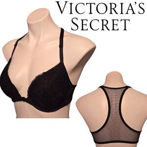 Victoria’s Secret 34D Bra Black T-Shirt Push-Up Mesh Racerback Front Closure